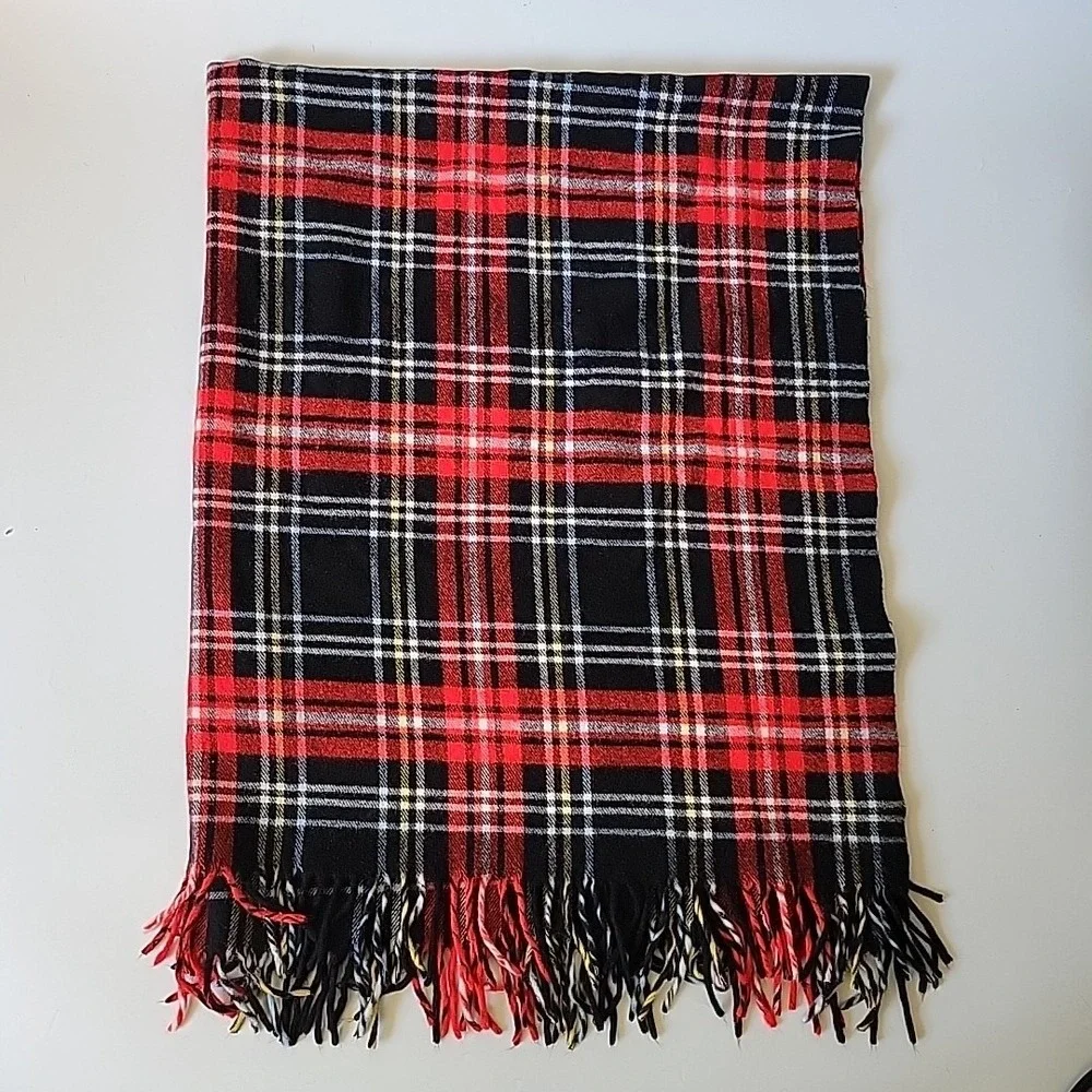 Troy Robe Vintage Wool Stadium Throw Blanket 60x52 Red Tartan Plaid Fringed Warm